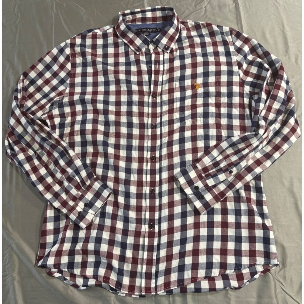 US Polo Assn Mens XL Button Down Shirt Long Sleeve Plaid Check Navy Burgundy